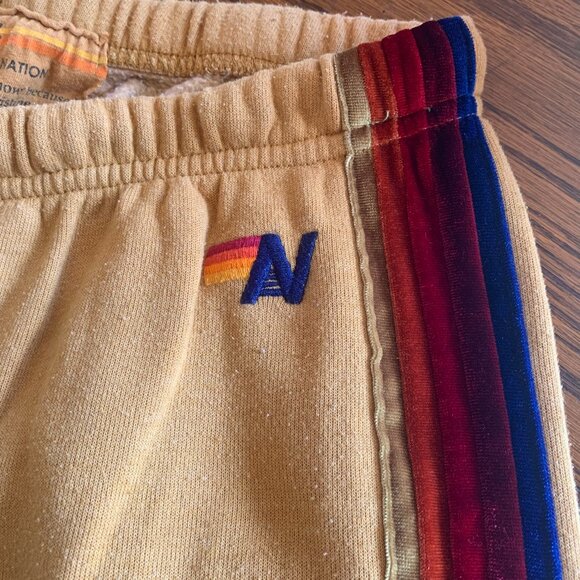 AVIATOR NATION 5 Stripe Sweatpants Joggers L Gold Khaki Velvet Retro Athleisure - Picture 3 of 7